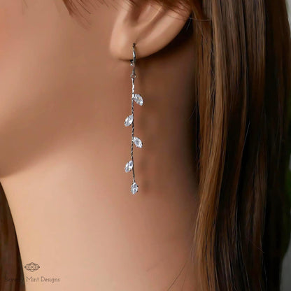 Silver Leaf Earrings, Leaves Earrings, Platinum Plated Long Dangle Earrings, Leafy Earrings, Sensitive Ear & Clip-On Options