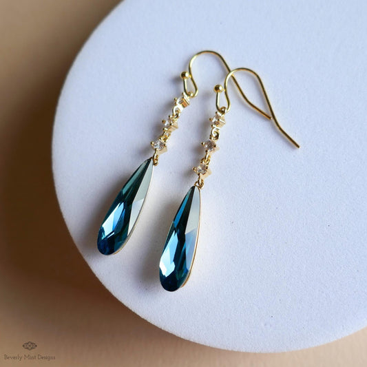 Blue Teardrop Earrings, Long Dangle Earrings, Blue Cubic Zirconia Earrings, Statement Jewelry, Sensitive Ear & Clip-On Options