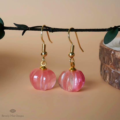 Halloween Pumpkin Earrings, Watermelon Red Stone Earrings, Cute Red Pumpkin Earrings, Fun Halloween Jewelry, Sensitive Ear & Clip-On Options