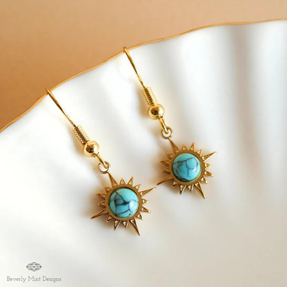Sun Earrings ,Boho Sun Earrings 18K Gold Plated Small Earrings, Turquoise Blue Earrings, Sensitive Ear & Clip-On Options