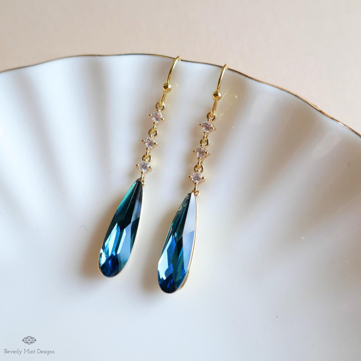 Blue Teardrop Earrings, Long Dangle Earrings, Blue Cubic Zirconia Earrings, Statement Jewelry, Sensitive Ear & Clip-On Options