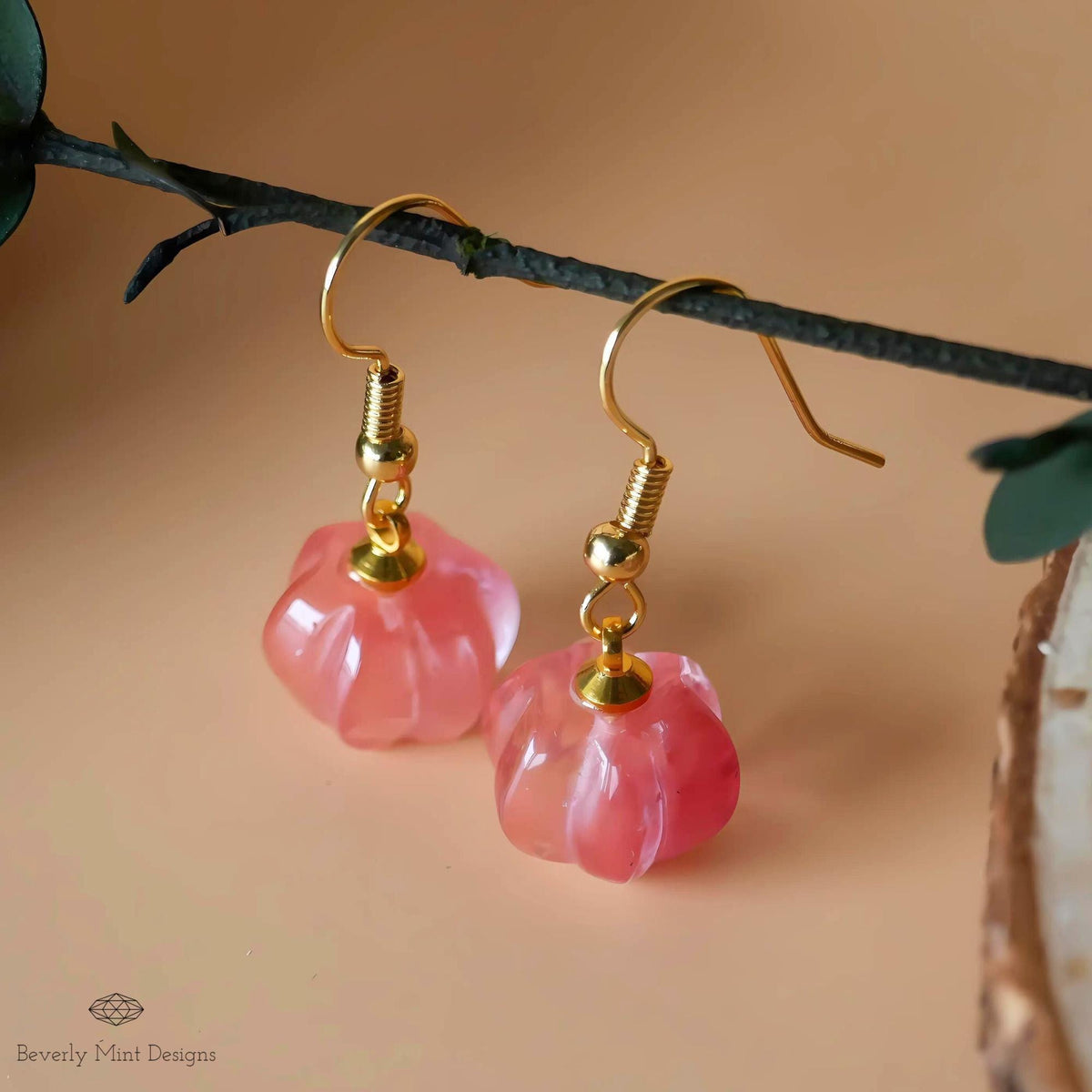 Halloween Pumpkin Earrings, Watermelon Red Stone Earrings, Cute Red Pumpkin Earrings, Fun Halloween Jewelry, Sensitive Ear & Clip-On Options