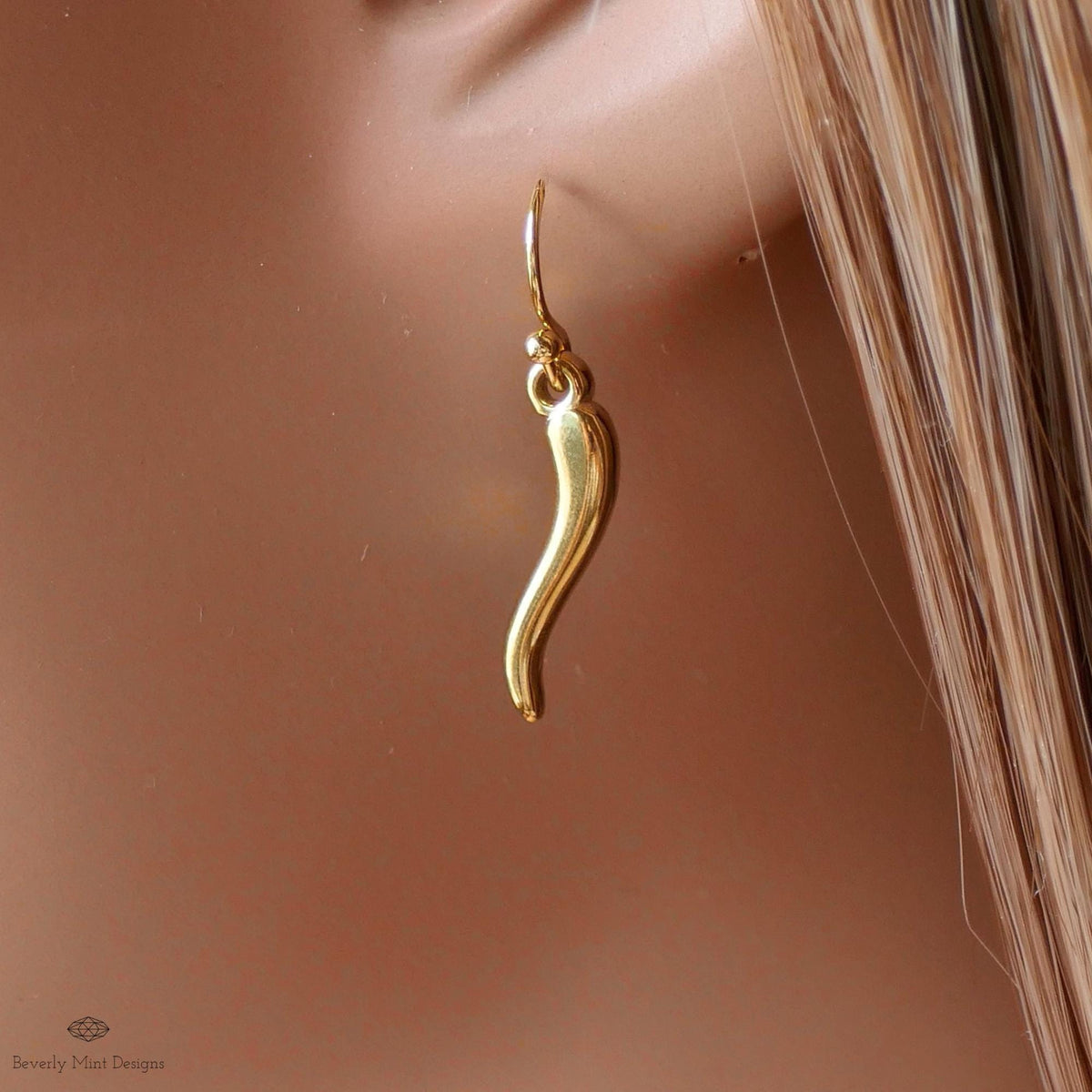 Gold Chili Pepper Earrings, Gold Pepper Dangle, Navy Blue Earrings, Fun Earrings, Spicy Statement Earrings, Sensitive Ear & Clip-On Options