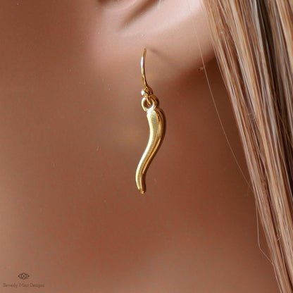 Gold Chili Pepper Earrings, Gold Pepper Dangle, Navy Blue Earrings, Fun Earrings, Spicy Statement Earrings, Sensitive Ear & Clip-On Options