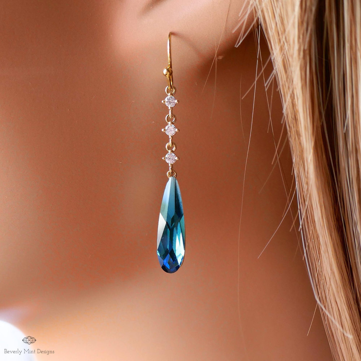 Blue Teardrop Earrings, Long Dangle Earrings, Blue Cubic Zirconia Earrings, Statement Jewelry, Sensitive Ear & Clip-On Options