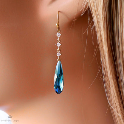 Blue Teardrop Earrings, Long Dangle Earrings, Blue Cubic Zirconia Earrings, Statement Jewelry, Sensitive Ear & Clip-On Options