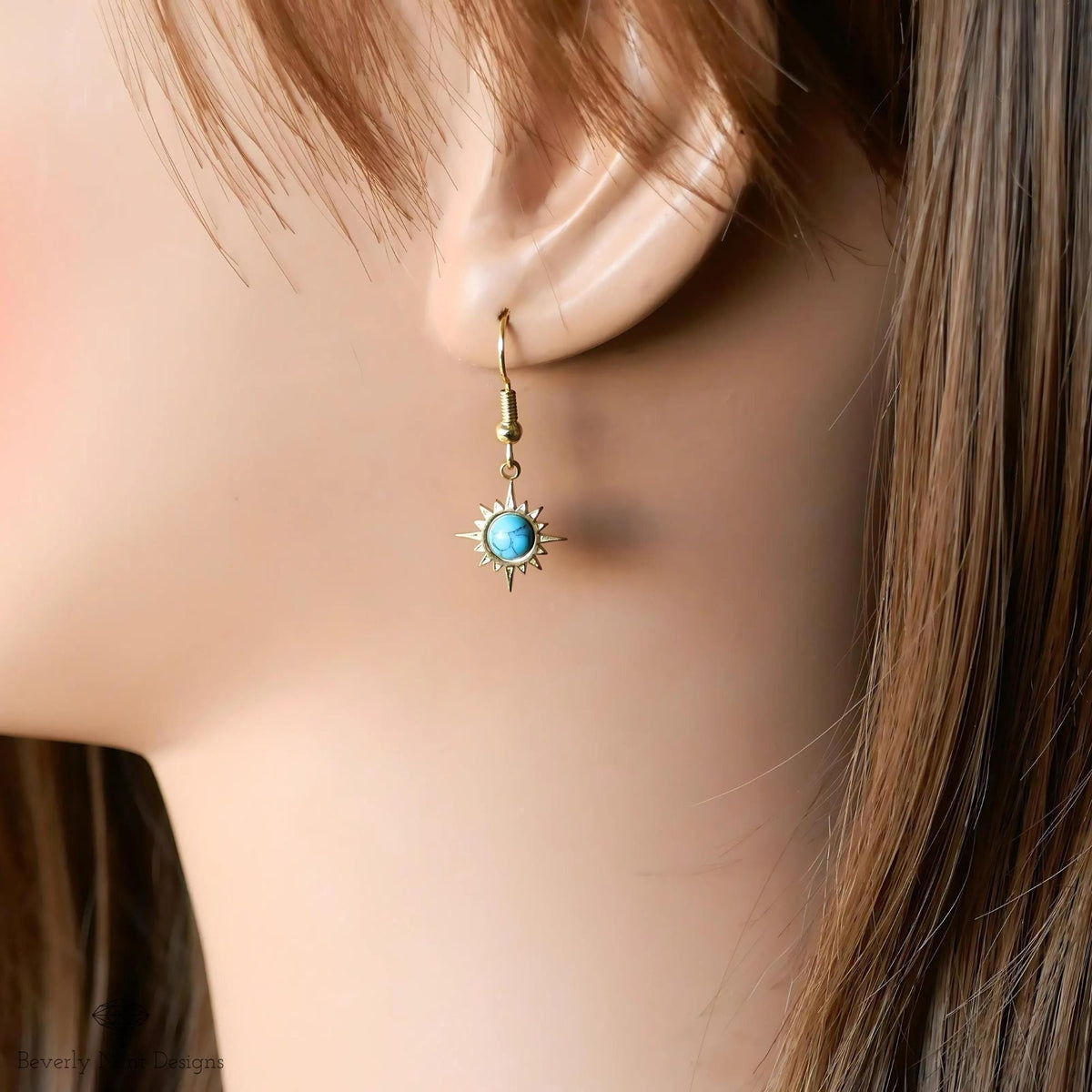 Sun Earrings ,Boho Sun Earrings 18K Gold Plated Small Earrings, Turquoise Blue Earrings, Sensitive Ear & Clip-On Options