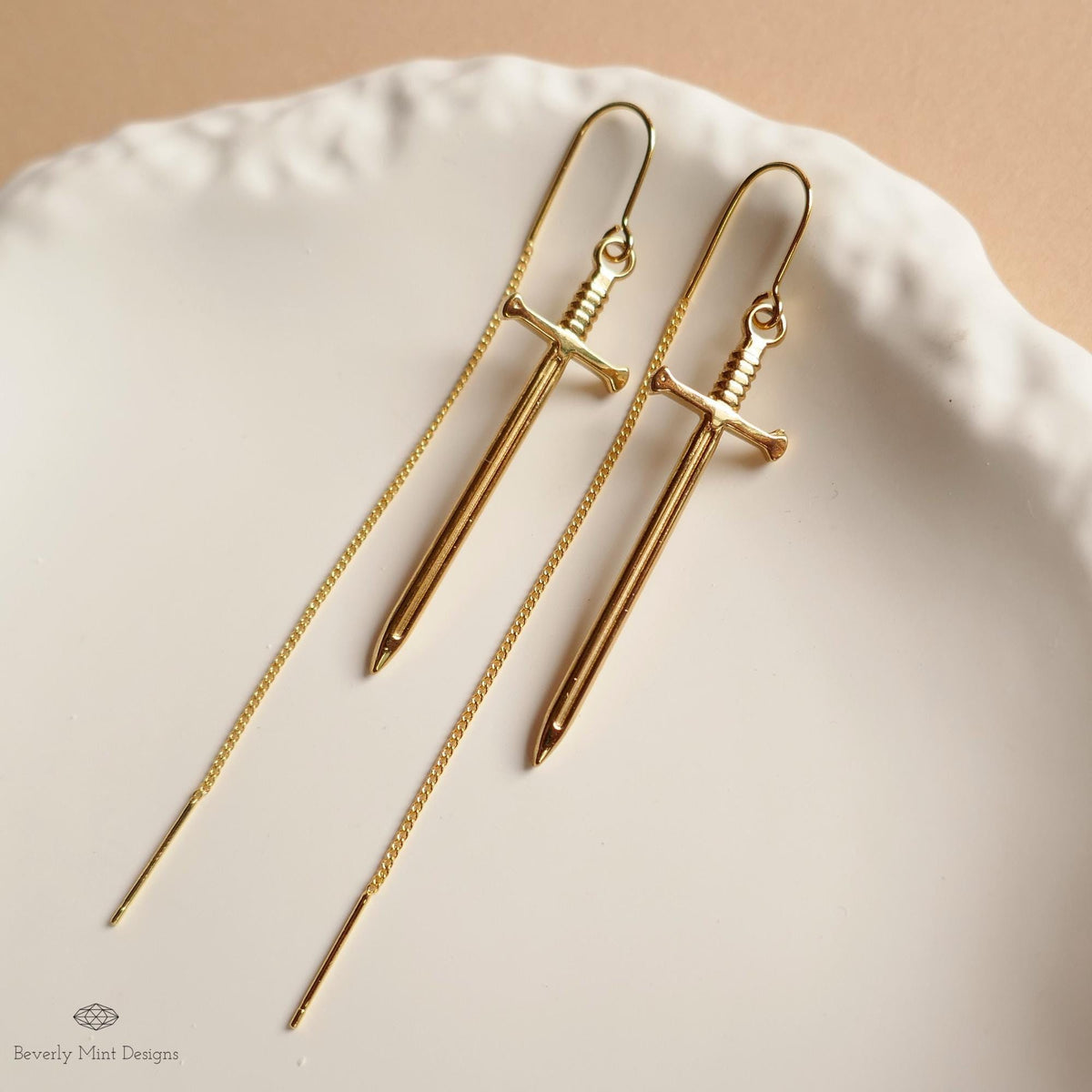 Gold Sword Threader Earrings, Dagger Drop Earrings, Minimalist Fantasy Jewelry, Gothic Threader Earrings, Sensitive Ear & Clip-On Options
