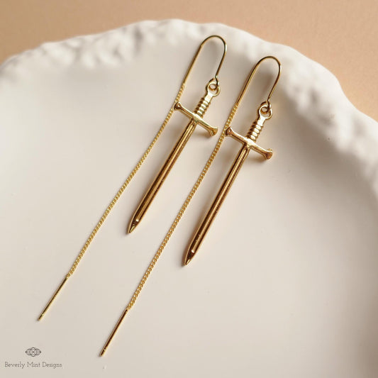 Gold Sword Threader Earrings, Dagger Drop Earrings, Minimalist Fantasy Jewelry, Gothic Threader Earrings, Sensitive Ear & Clip-On Options