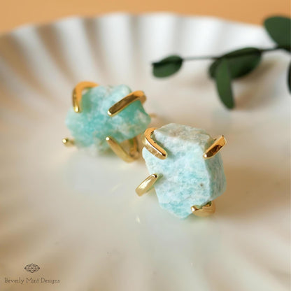 Amazonite Stud Earrings with 18K Gold, Green Stone Earrings,  1/2 - 3/4 inches, Natural Raw Stone Earrings, Gift For Her, Chakra Stone