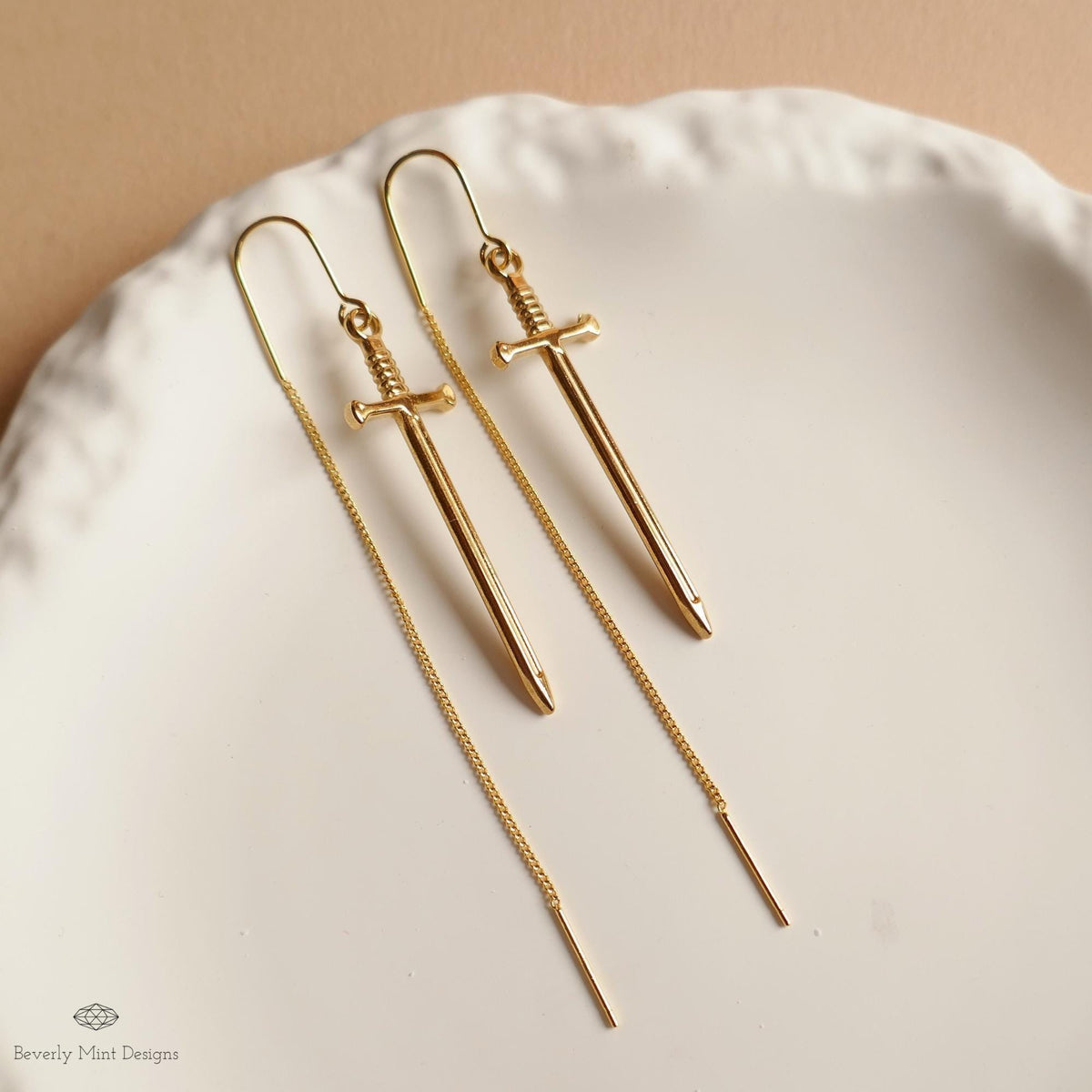 Gold Sword Threader Earrings, Dagger Drop Earrings, Minimalist Fantasy Jewelry, Gothic Threader Earrings, Sensitive Ear & Clip-On Options