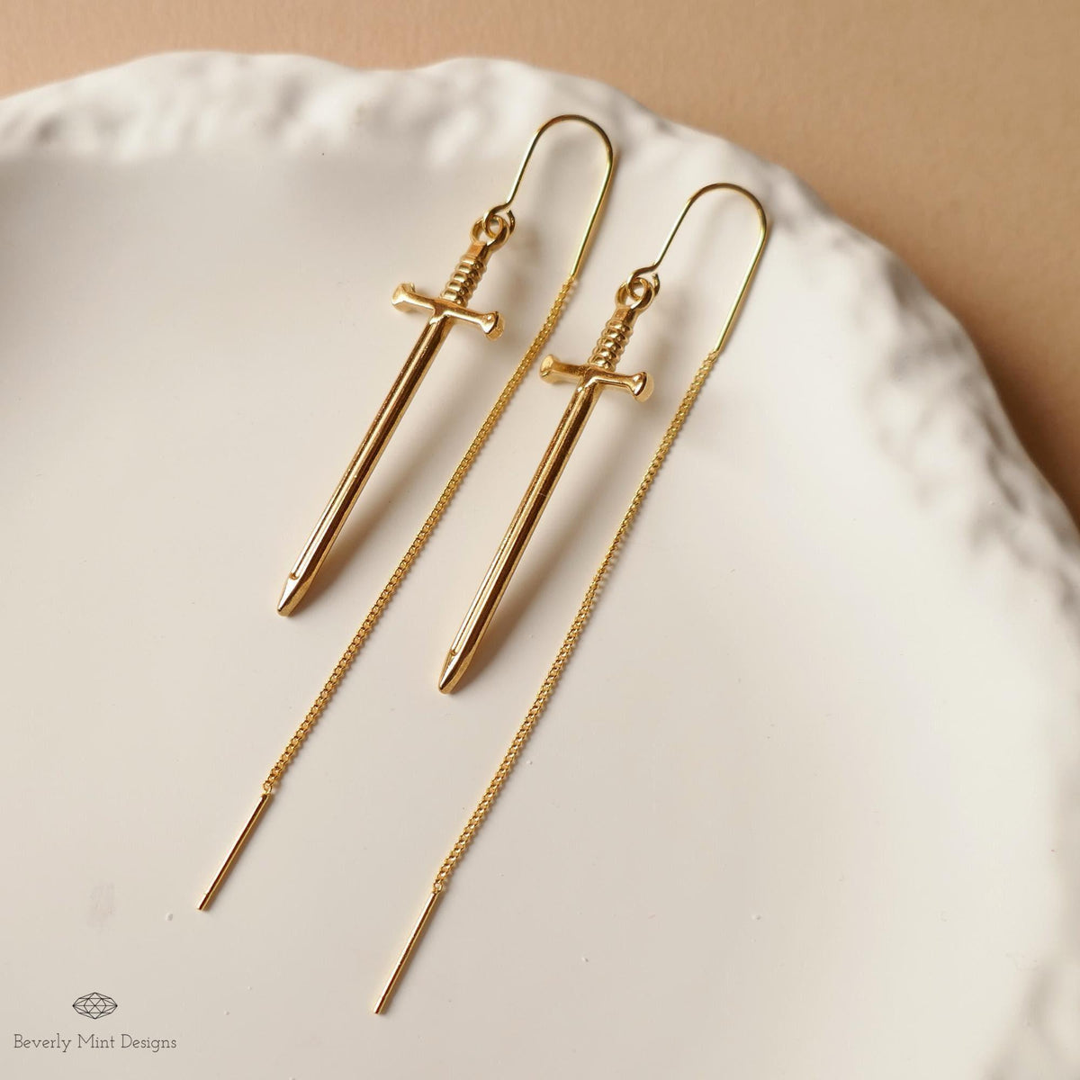 Gold Sword Threader Earrings, Dagger Drop Earrings, Minimalist Fantasy Jewelry, Gothic Threader Earrings, Sensitive Ear & Clip-On Options
