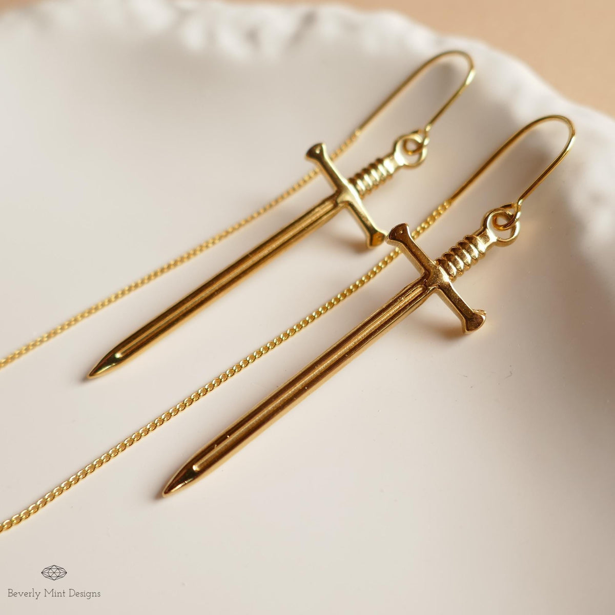 Gold Sword Threader Earrings, Dagger Drop Earrings, Minimalist Fantasy Jewelry, Gothic Threader Earrings, Sensitive Ear & Clip-On Options