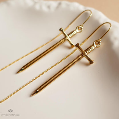 Gold Sword Threader Earrings, Dagger Drop Earrings, Minimalist Fantasy Jewelry, Gothic Threader Earrings, Sensitive Ear & Clip-On Options