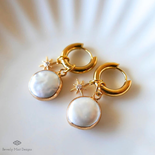 Gold Pearl Star Hoop Earrings, Celestial Dangle Earrings, Elegant Pearl Jewelry, Minimalist Statement Earrings