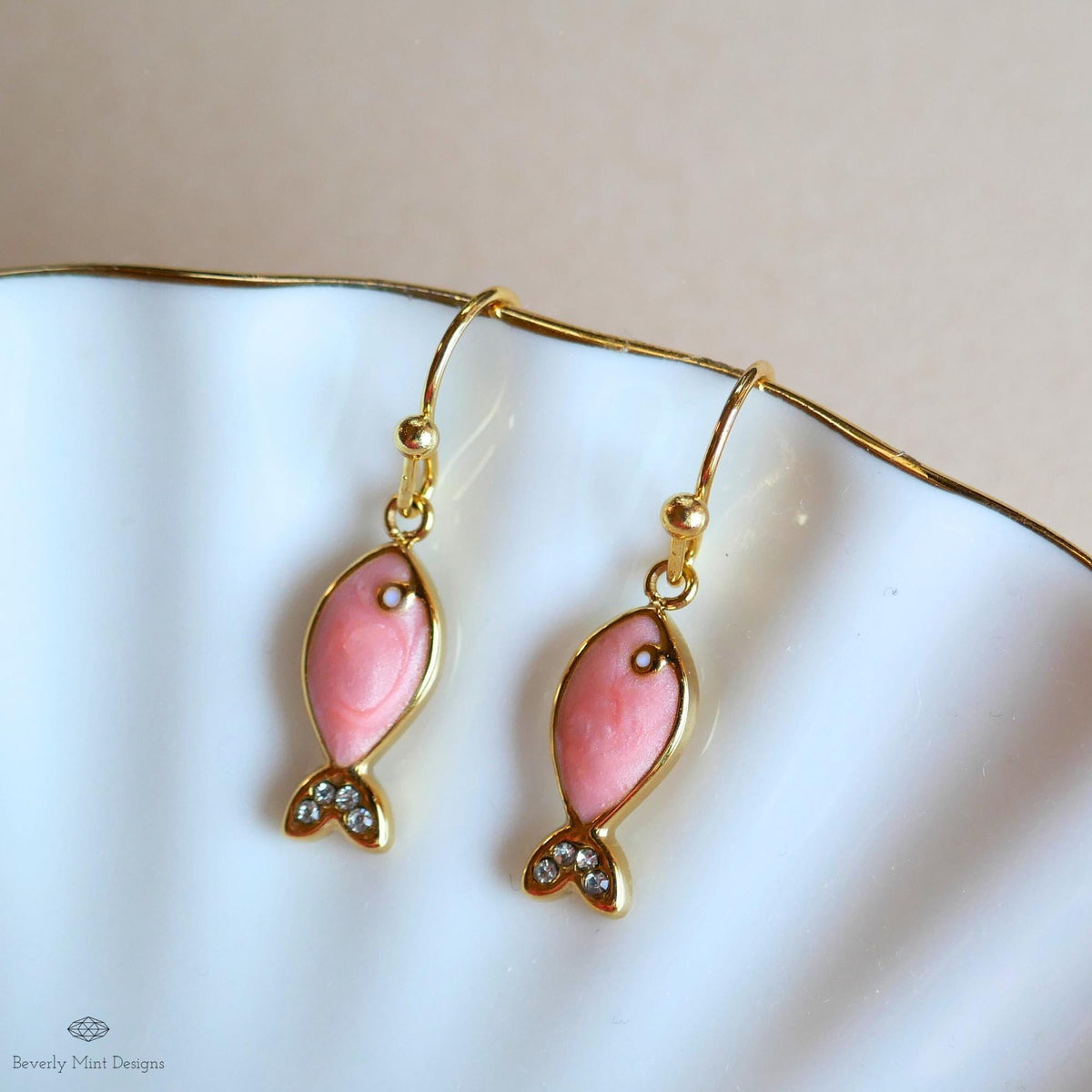 Pink fish earrings, cute dangle earrings, enamel fish jewelry, gold drop earrings, kawaii earrings, Sensitive Ear & Clip-On Options