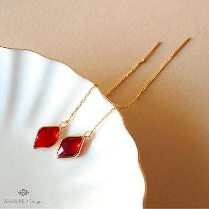 Ruby Red Earrings, Red Stone Threader Earrings, Red Diamond Shaped Earrings, Sensitive Ear & Clip-On Options