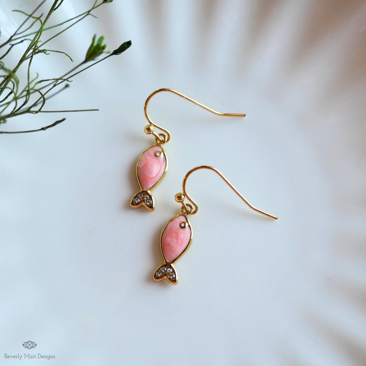 Pink fish earrings, cute dangle earrings, enamel fish jewelry, gold drop earrings, kawaii earrings, Sensitive Ear & Clip-On Options