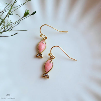 Pink fish earrings, cute dangle earrings, enamel fish jewelry, gold drop earrings, kawaii earrings, Sensitive Ear & Clip-On Options