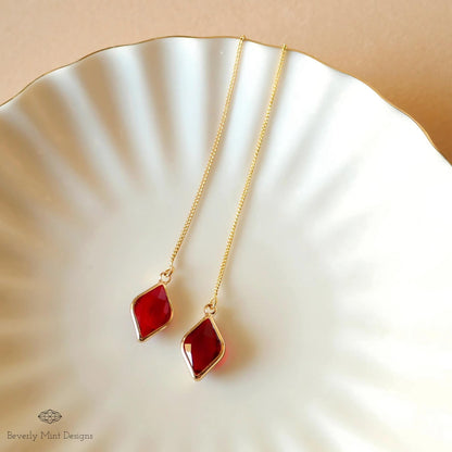 Ruby Red Earrings, Red Stone Threader Earrings, Red Diamond Shaped Earrings, Sensitive Ear & Clip-On Options