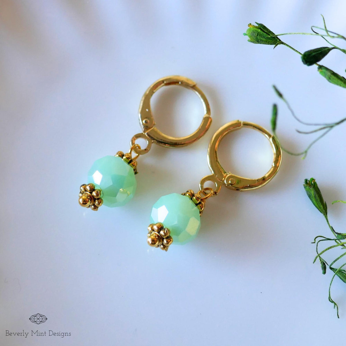 Mint Green Drop Earrings, Gold Plated Huggie Hoops, Dainty Green Earrings, Pastel Bead Earrings, Sensitive Ear & Clip-On Options