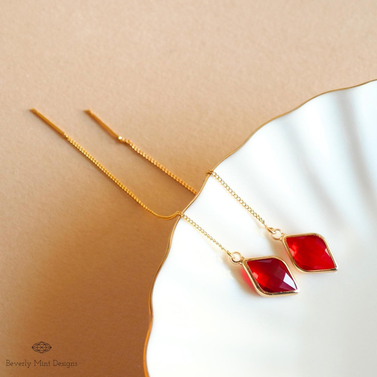 Ruby Red Earrings, Red Stone Threader Earrings, Red Diamond Shaped Earrings, Sensitive Ear & Clip-On Options
