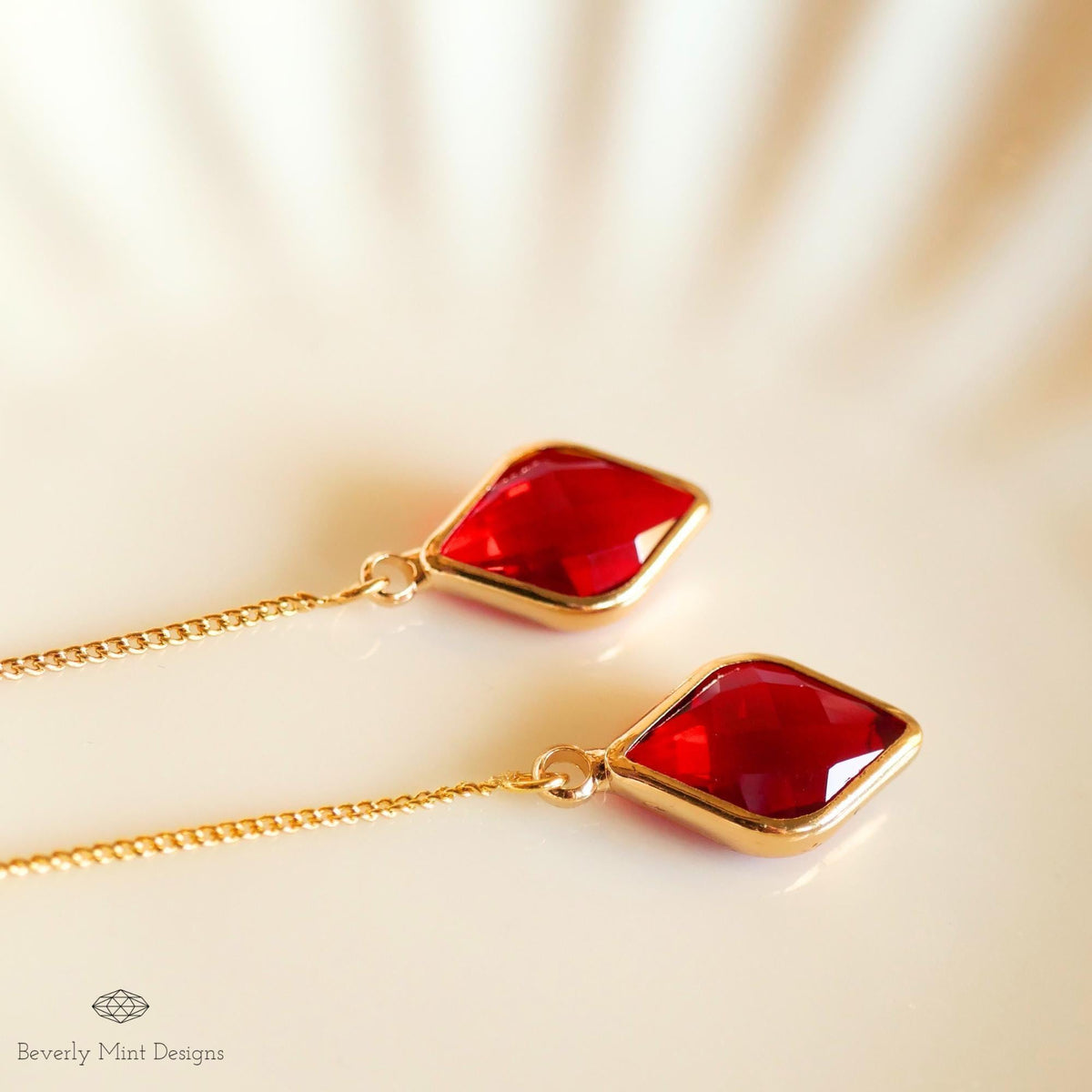 Ruby Red Earrings, Red Stone Threader Earrings, Red Diamond Shaped Earrings, Sensitive Ear & Clip-On Options