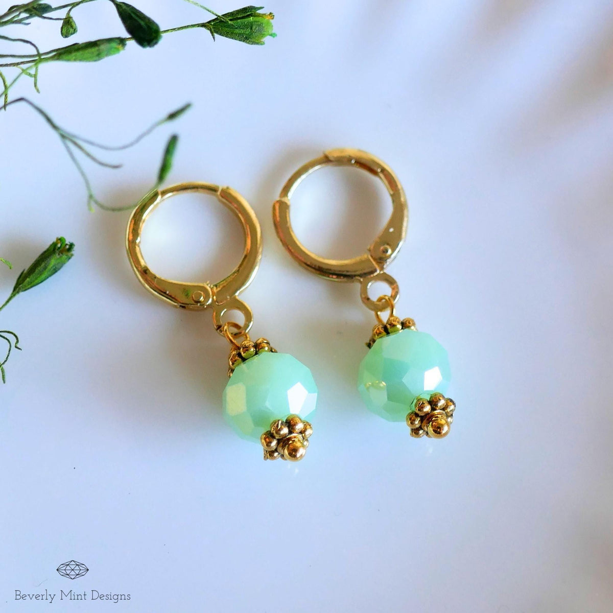 Mint Green Drop Earrings, Gold Plated Huggie Hoops, Dainty Green Earrings, Pastel Bead Earrings, Sensitive Ear & Clip-On Options