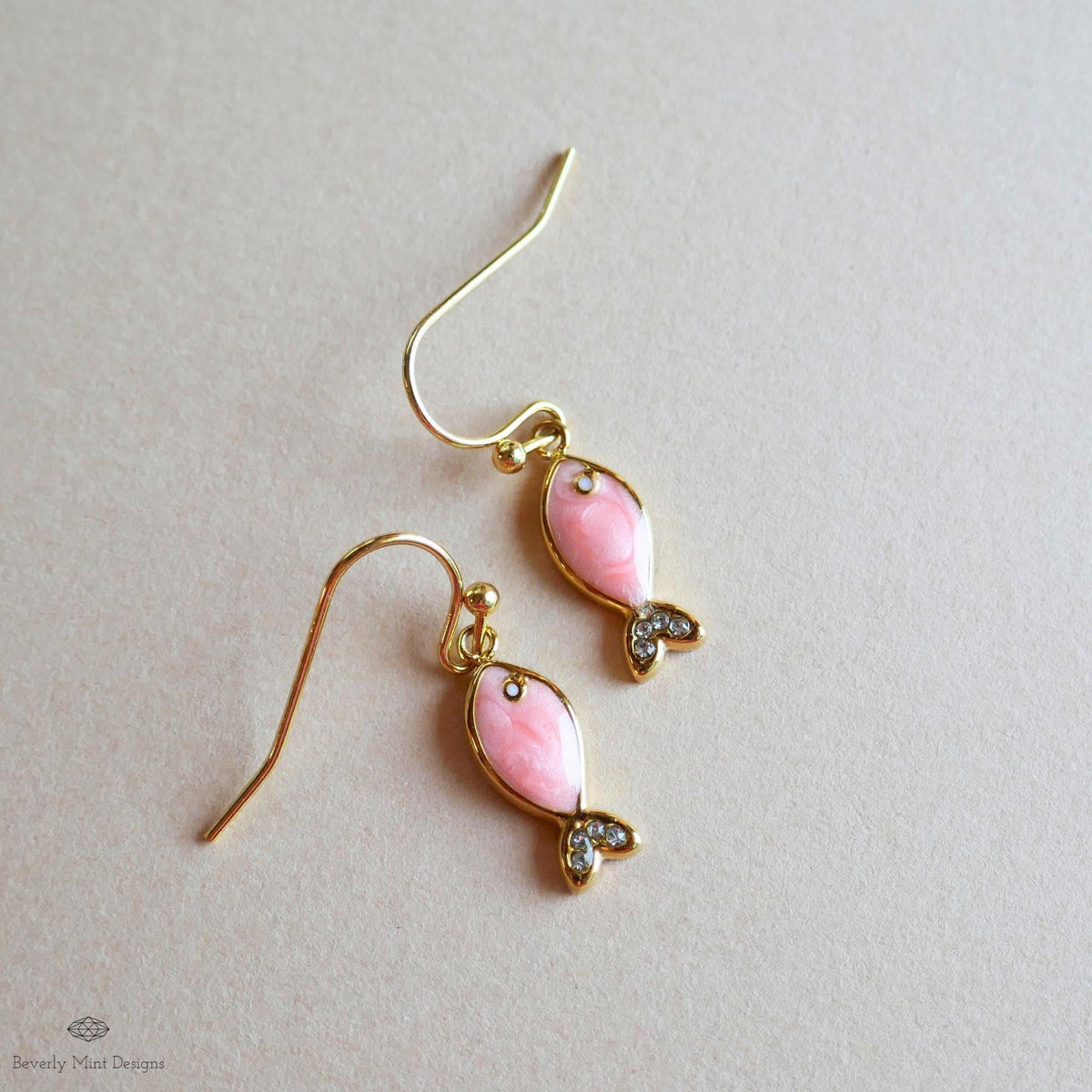 Pink fish earrings, cute dangle earrings, enamel fish jewelry, gold drop earrings, kawaii earrings, Sensitive Ear & Clip-On Options