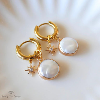 Gold Pearl Star Hoop Earrings, Celestial Dangle Earrings, Elegant Pearl Jewelry, Minimalist Statement Earrings