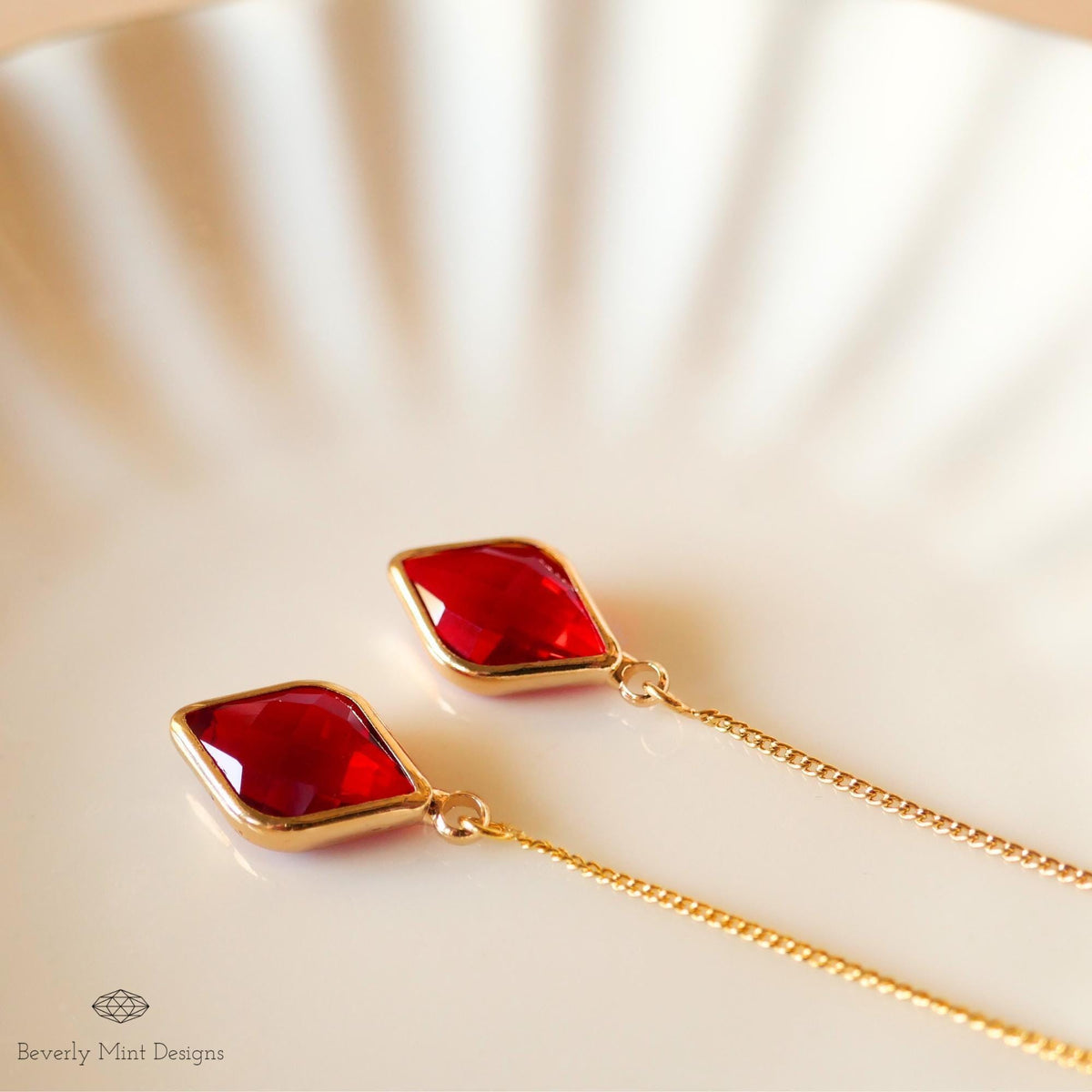Ruby Red Earrings, Red Stone Threader Earrings, Red Diamond Shaped Earrings, Sensitive Ear & Clip-On Options