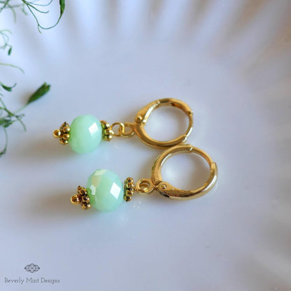 Mint Green Drop Earrings, Gold Plated Huggie Hoops, Dainty Green Earrings, Pastel Bead Earrings, Sensitive Ear & Clip-On Options