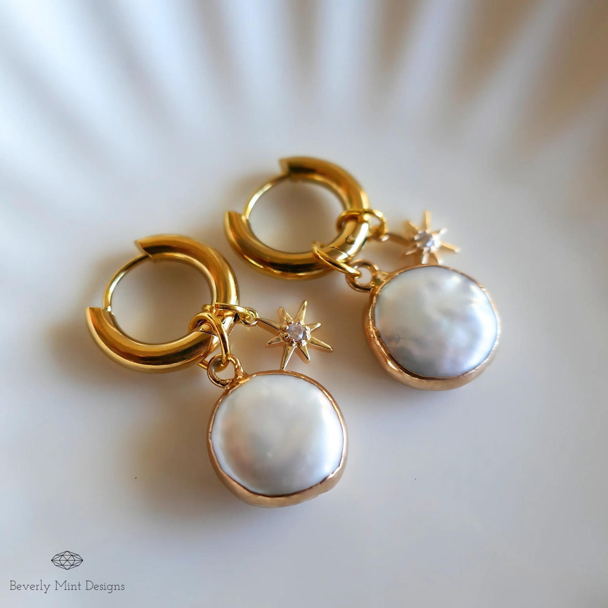 Gold Pearl Star Hoop Earrings, Celestial Dangle Earrings, Elegant Pearl Jewelry, Minimalist Statement Earrings