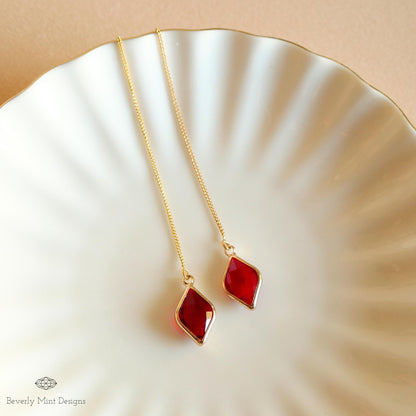 Ruby Red Earrings, Red Stone Threader Earrings, Red Diamond Shaped Earrings, Sensitive Ear & Clip-On Options