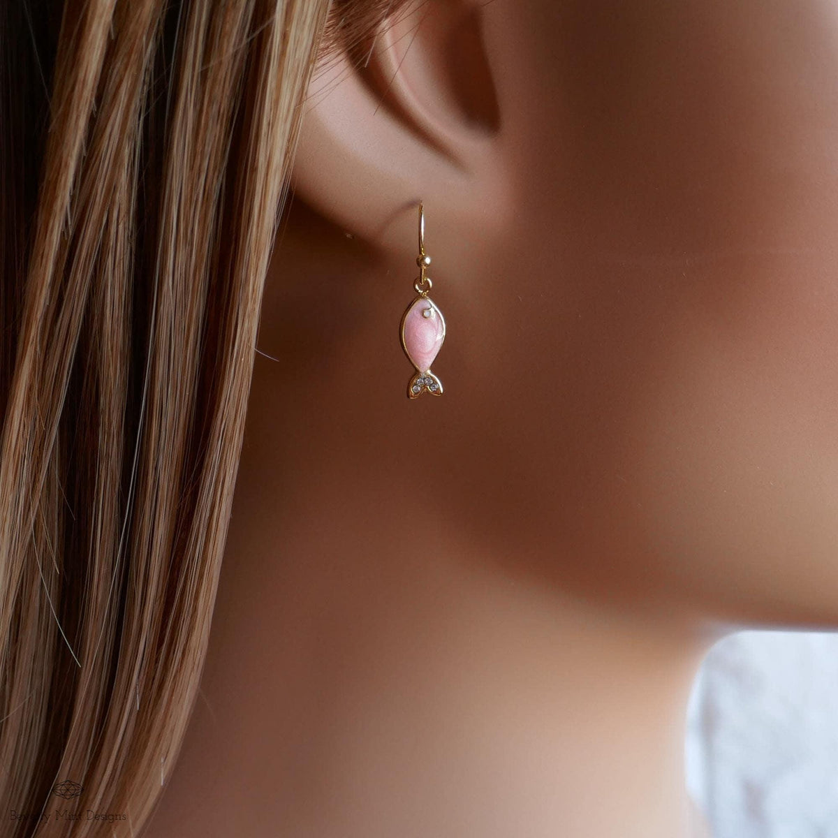 Pink fish earrings, cute dangle earrings, enamel fish jewelry, gold drop earrings, kawaii earrings, Sensitive Ear & Clip-On Options