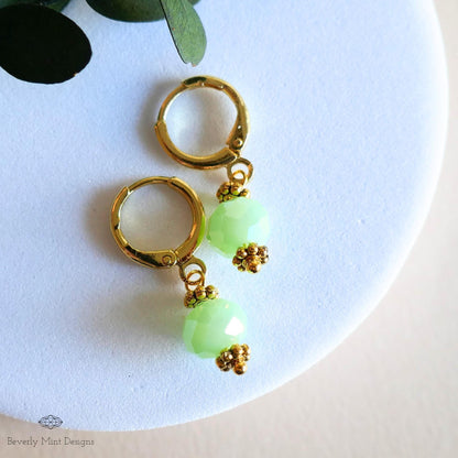 Mint Green Drop Earrings, Gold Plated Huggie Hoops, Dainty Green Earrings, Pastel Bead Earrings, Sensitive Ear & Clip-On Options