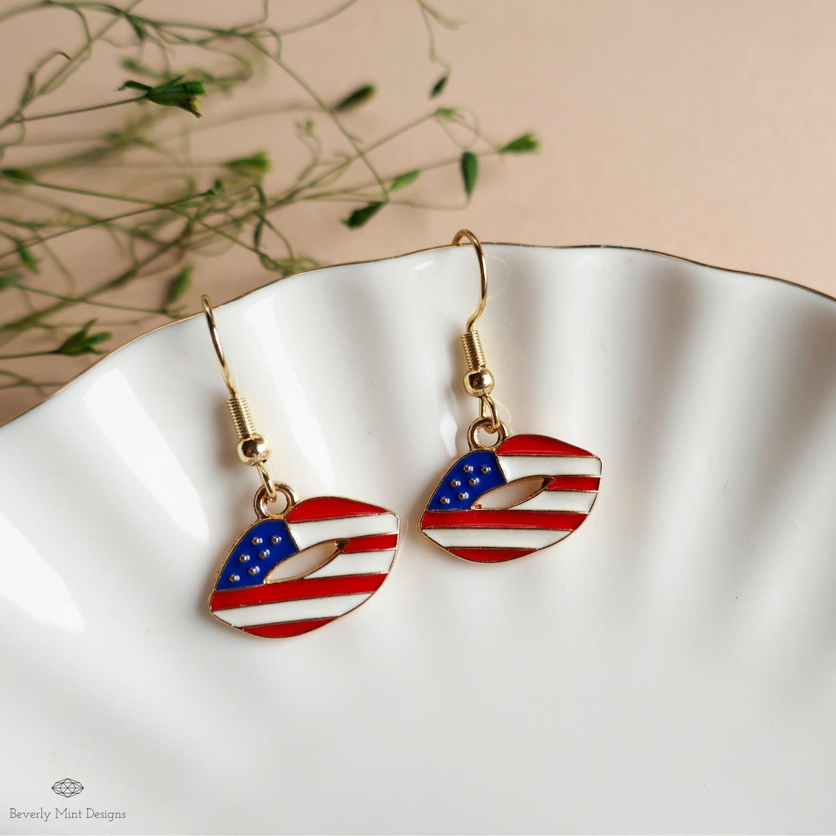 Patriotic Lips Earrings, American Flag Lip Jewelry, Red White Blue Dangle Earrings, Sensitive Ear & Clip-On Options