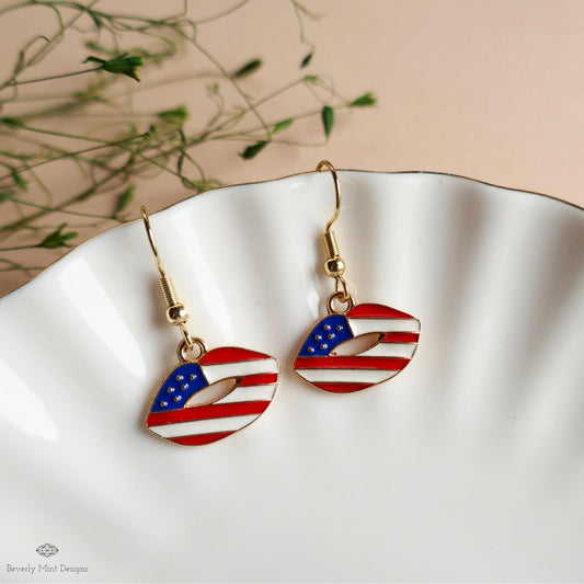 Patriotic Lips Earrings, American Flag Lip Jewelry, Red White Blue Dangle Earrings, Sensitive Ear & Clip-On Options
