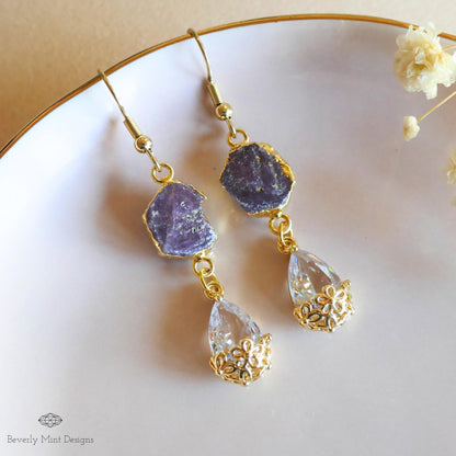 Raw Ruby Earrings, July Birthstone Gift, Gold Gemstone Dangle Earrings, Crystal Drop Earrings, Sensitive Ear & Clip-On Options