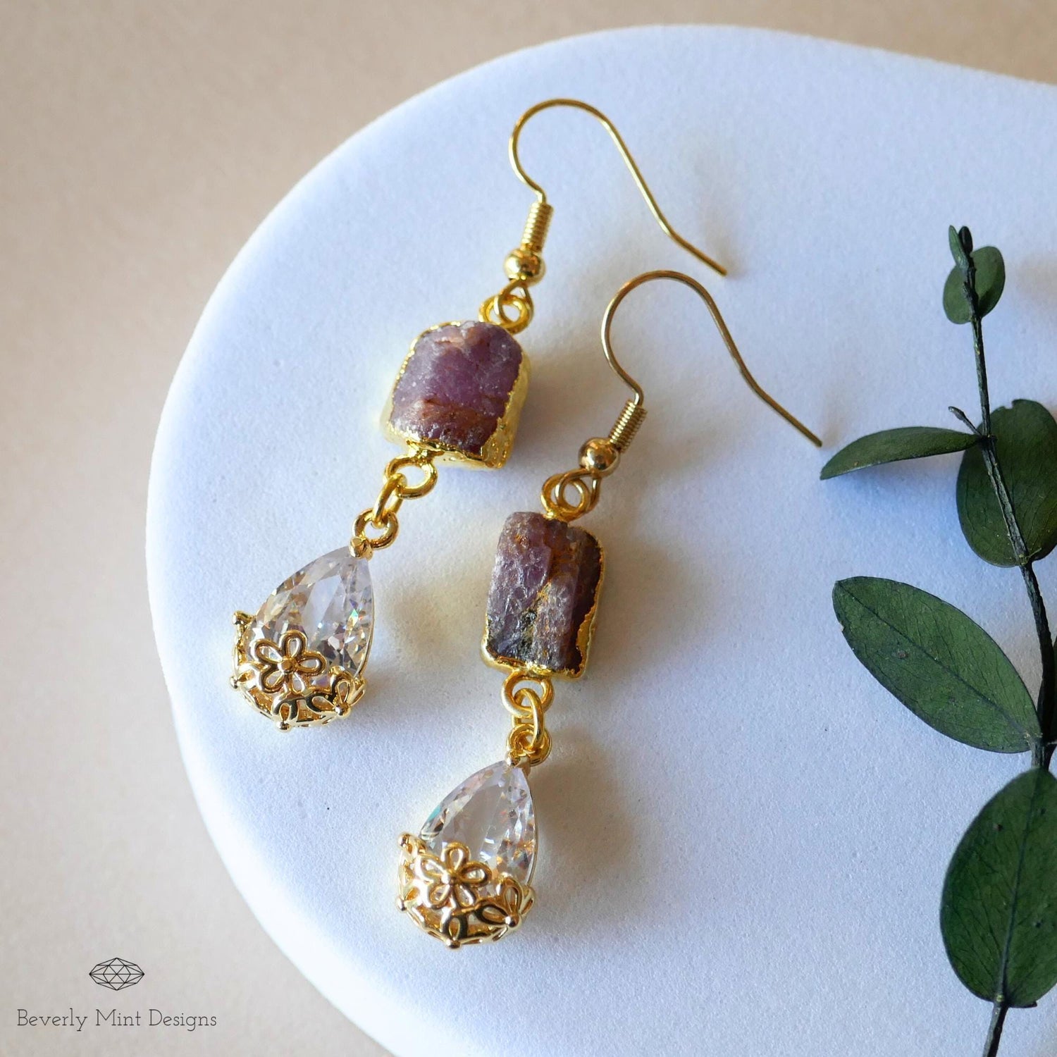 Raw Ruby Earrings, July Birthstone Gift, Gold Gemstone Dangle Earrings, Crystal Drop Earrings, Sensitive Ear & Clip-On Options