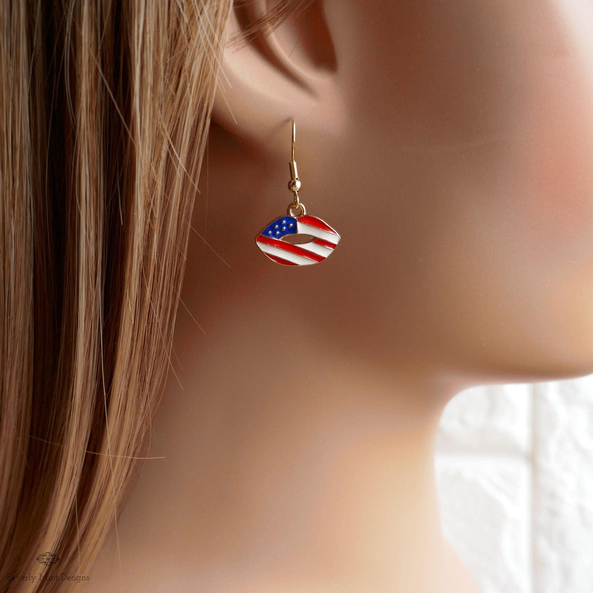Patriotic Lips Earrings, American Flag Lip Jewelry, Red White Blue Dangle Earrings, Sensitive Ear & Clip-On Options
