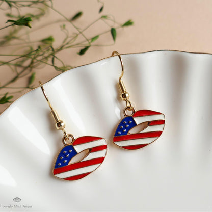 Patriotic Lips Earrings, American Flag Lip Jewelry, Red White Blue Dangle Earrings, Sensitive Ear & Clip-On Options