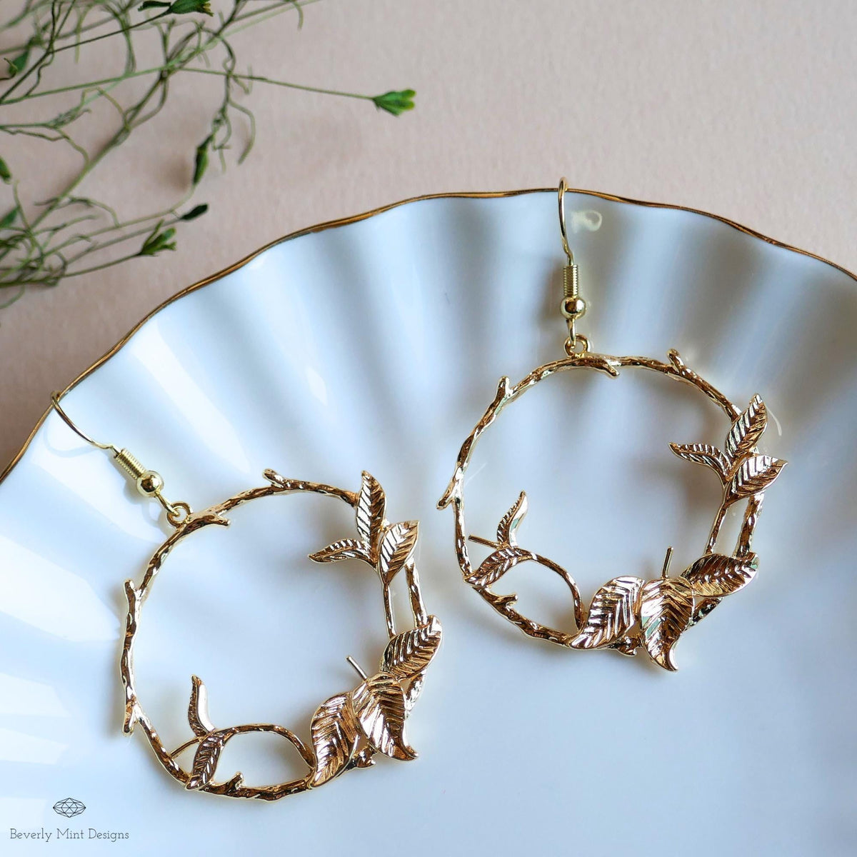 Gold Leaf Hoop Earrings, Nature Inspired Earrings, Botanical Branch Earrings, Handmade Jewelry for Her, Sensitive Ear & Clip-On Options