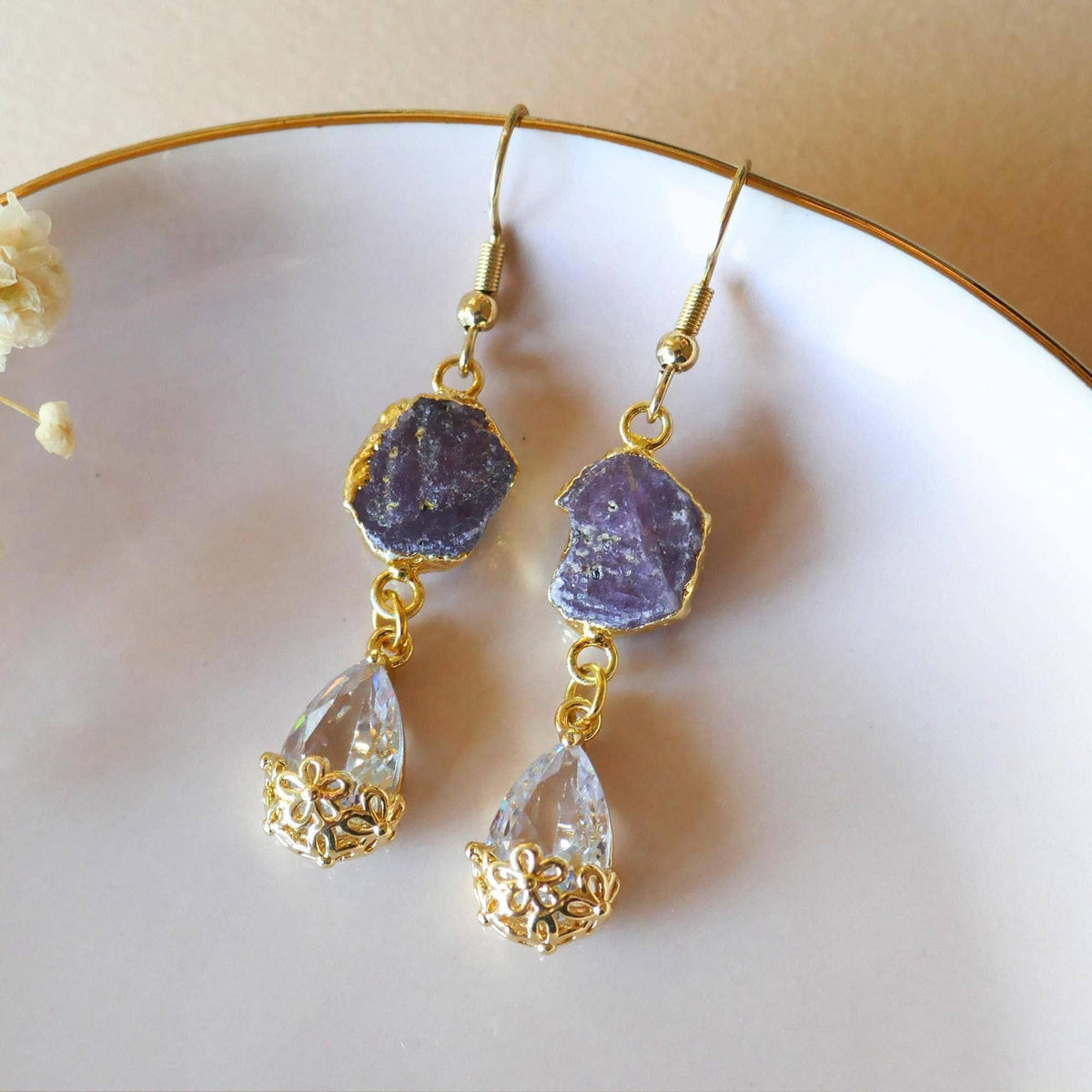 Raw Ruby Earrings, July Birthstone Gift, Gold Gemstone Dangle Earrings, Crystal Drop Earrings, Sensitive Ear & Clip-On Options