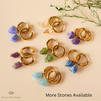 Raw Citrine Stone Earrings, 18K Gold Huggie Hoop Earrings with November Birthstone, Yellow Stone Earrings ,Chakra Stone , Gift, Gift For Her
