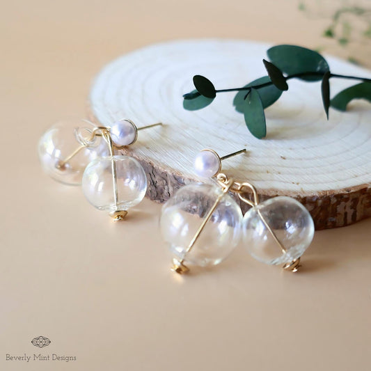 Glass Bubble Dangle Earrings, Mid Century Style, Clear Ball, Gold Tone, Vintage Charm