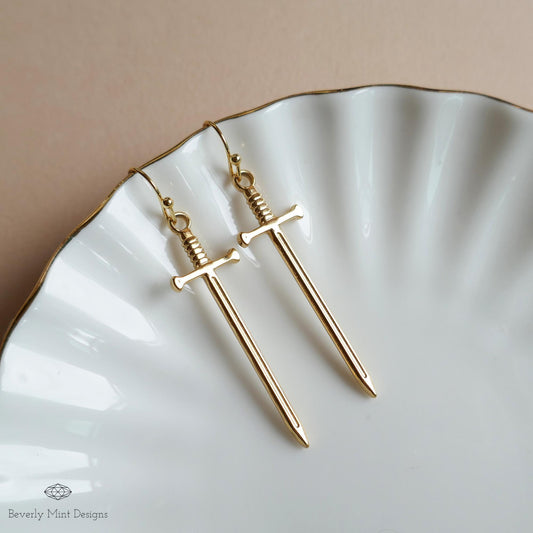 Gold Sword Earrings, Minimalist Dagger Earrings, Fantasy Warrior Jewelry, Gothic Drop Earrings, Sensitive Ear & Clip-On Options
