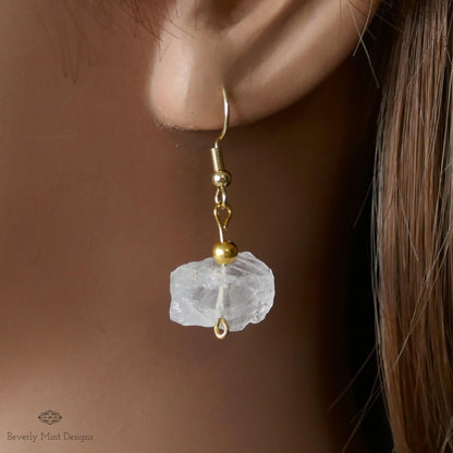 Irregular Rough Natural Raw Stone Earrings, Clear Quartz Earrings with 18K Gold Posts, Sensitive Ear & Clip-On Options