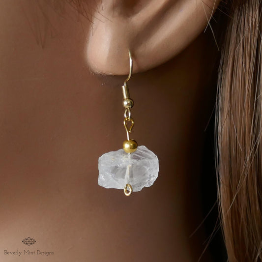 Irregular Rough Natural Raw Stone Earrings, Clear Quartz Earrings with 18K Gold Posts, Sensitive Ear & Clip-On Options