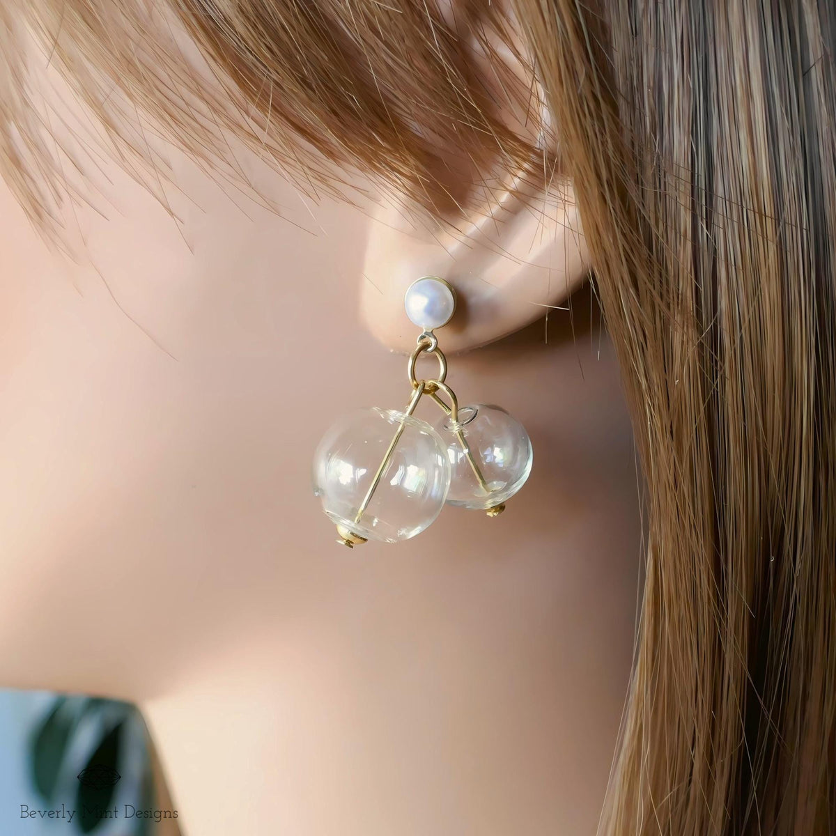 Glass Bubble Dangle Earrings, Mid Century Style, Clear Ball, Gold Tone, Vintage Charm